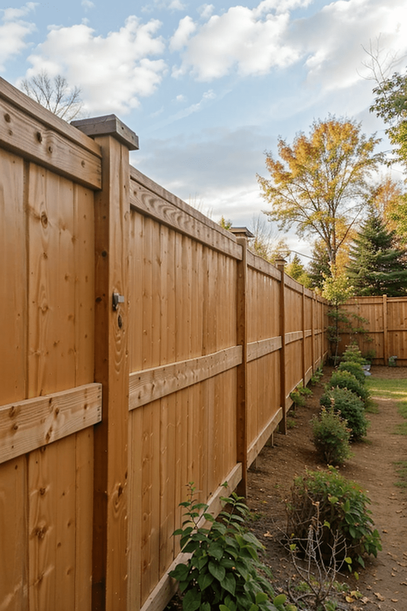 Close-up of a treated wood privacy fence showcasing wood grain