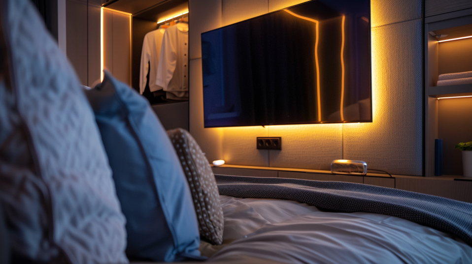 Close-up of bedroom TV wall with ambient LED backlighting, plush pillows, table lamp, and built-in clothes cabinet