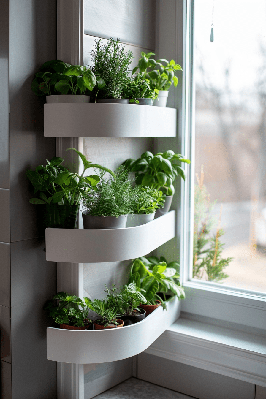 Compact indoor herb garden on a multi-tiered shelf in a modern apartment, potted oregano, dill, sage, sleek contemporary shelf, natural light, limited space