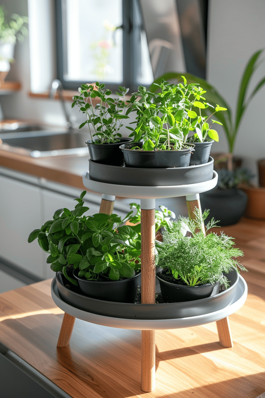 Compact indoor herb garden on a multi-tiered shelf
