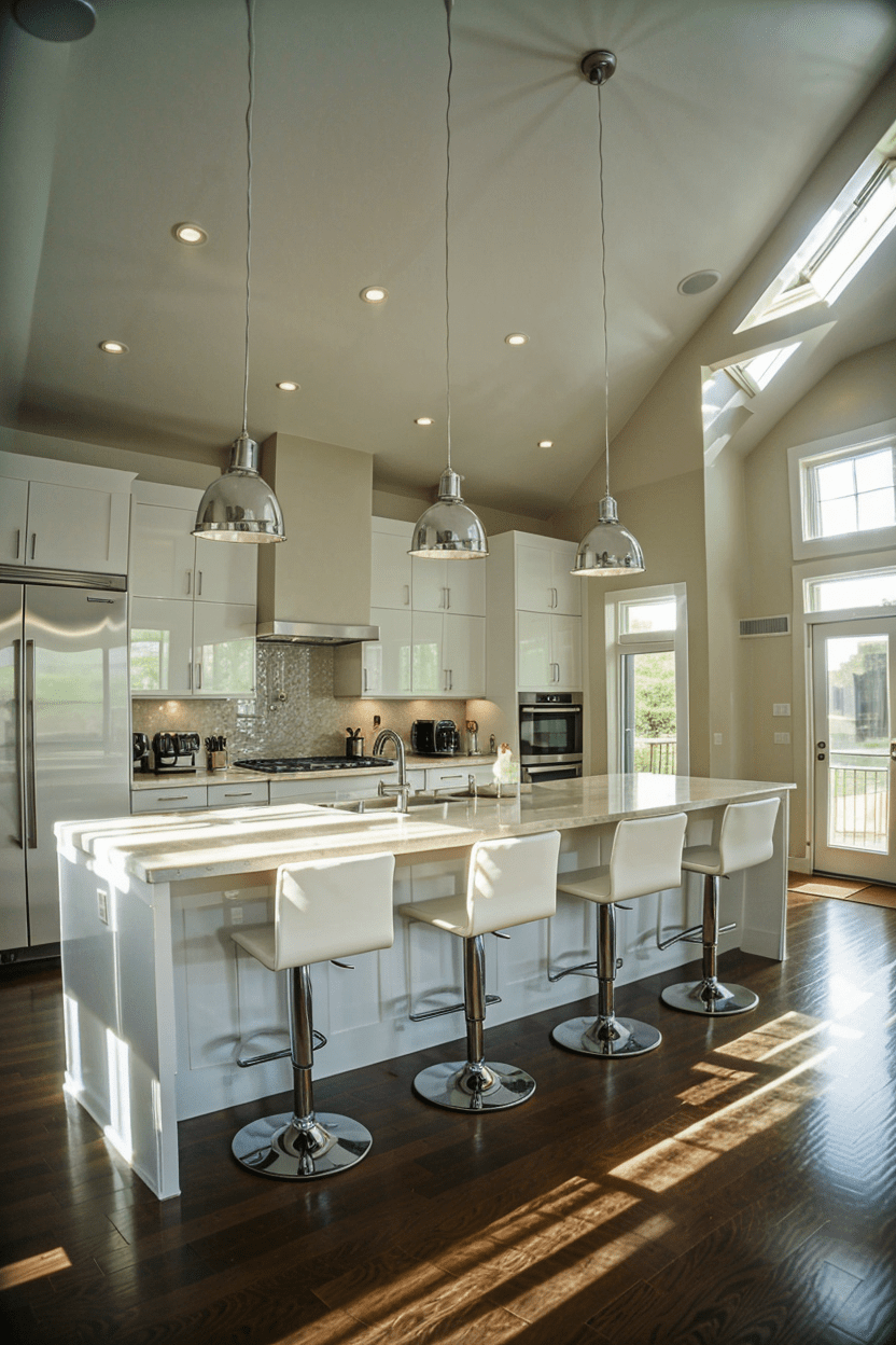 Compact modern white kitchen with dark wood flooring and pendant lights
