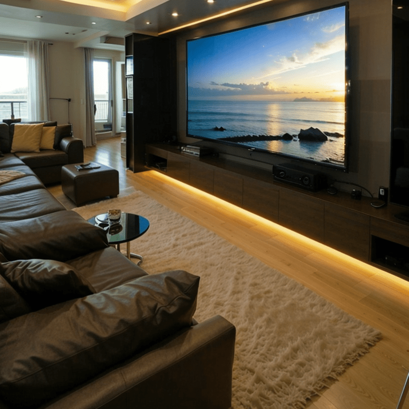 Contemporary TV Wall with In-Wall Speakers and Smart Home Panel