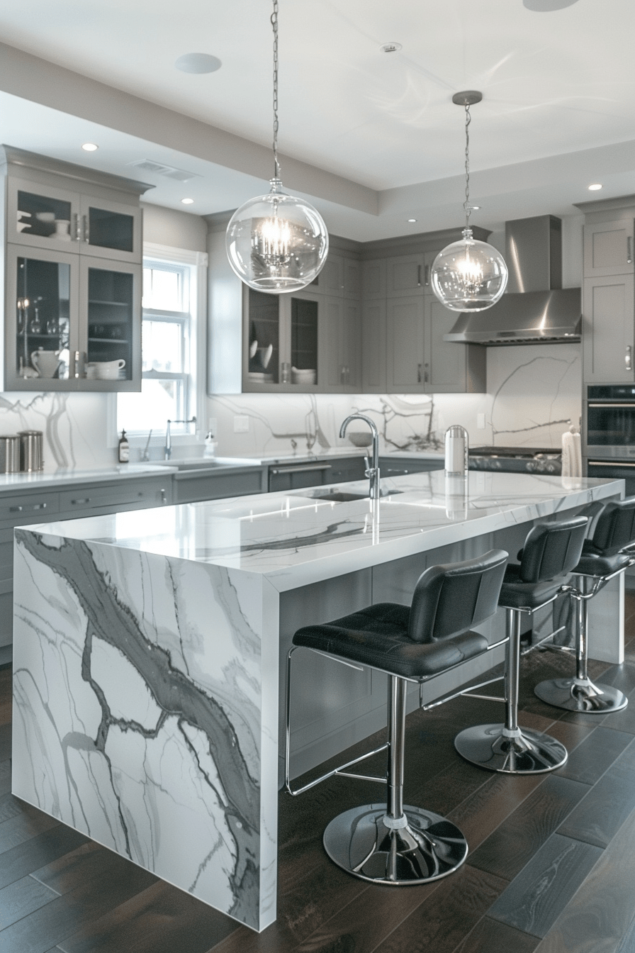 Contemporary kitchen island with marble countertop, bar seating, and under-cabinet lighting in an airy kitchen