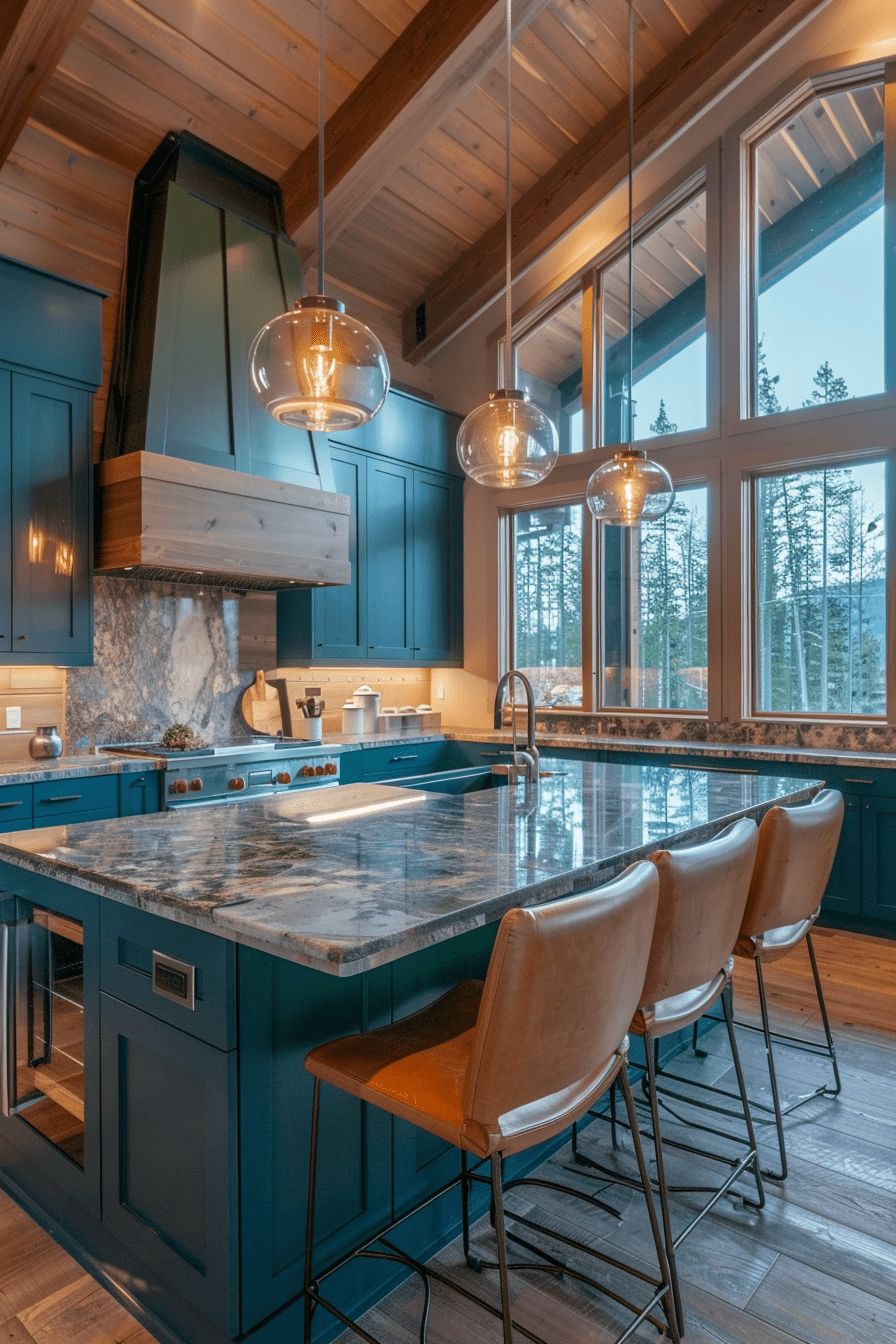 Contemporary kitchen with rich blue and green cabinets, wooden accents, large granite island, and stainless steel appliances.
