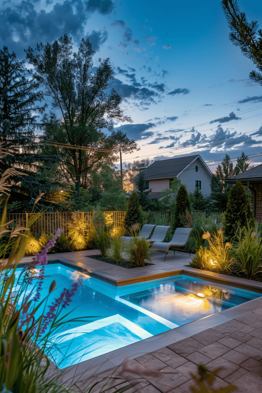 Cozy backyard small inground pool surrounded by evergreen plants, decorative grasses, and warm outdoor lighting creating a serene, intimate atmosphere