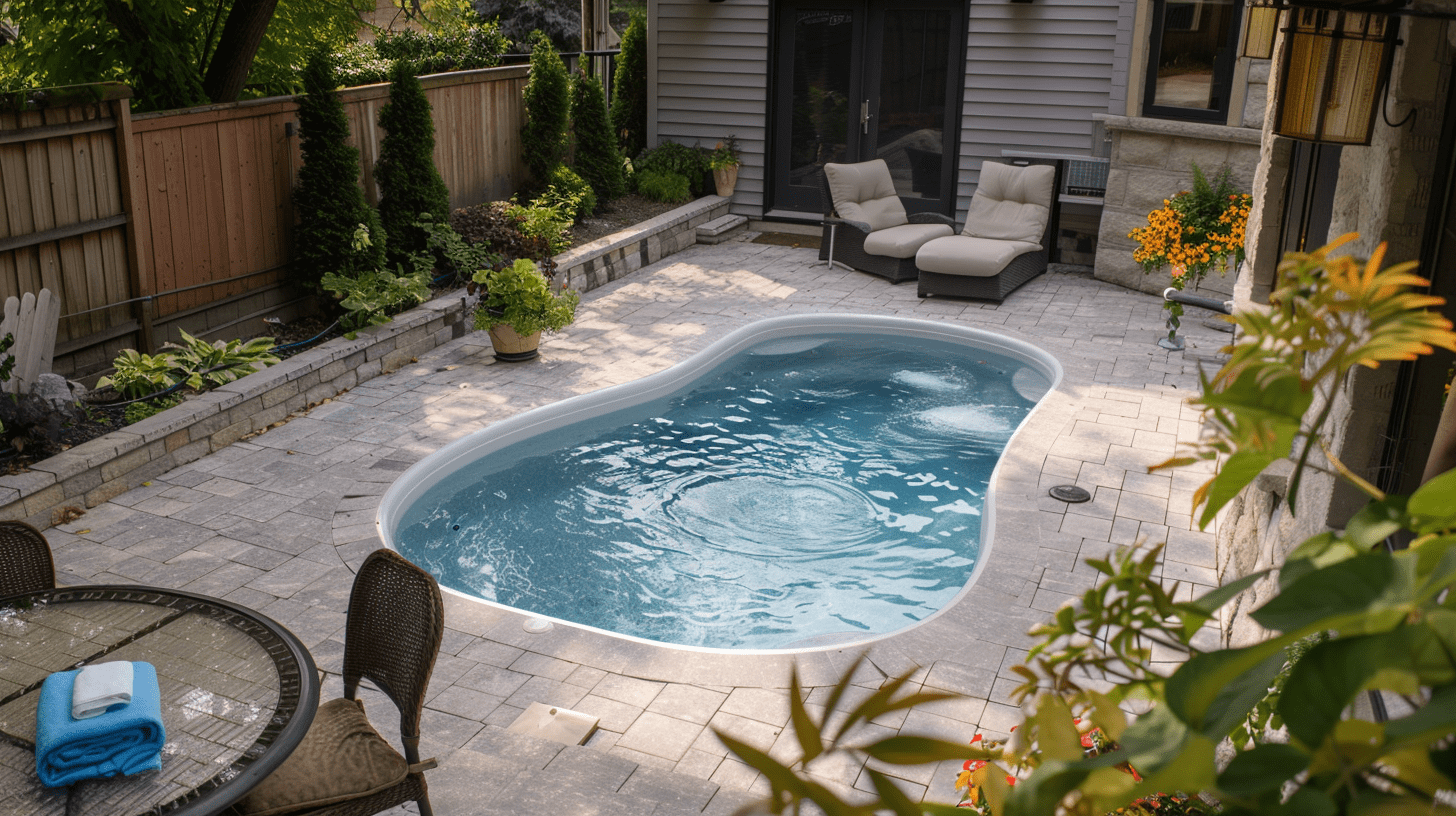 Cozy inground plunge pool, small suburban backyard, affordable fibreglass shell, simple stone deck, potted plants, sun loungers, patio table with chairs