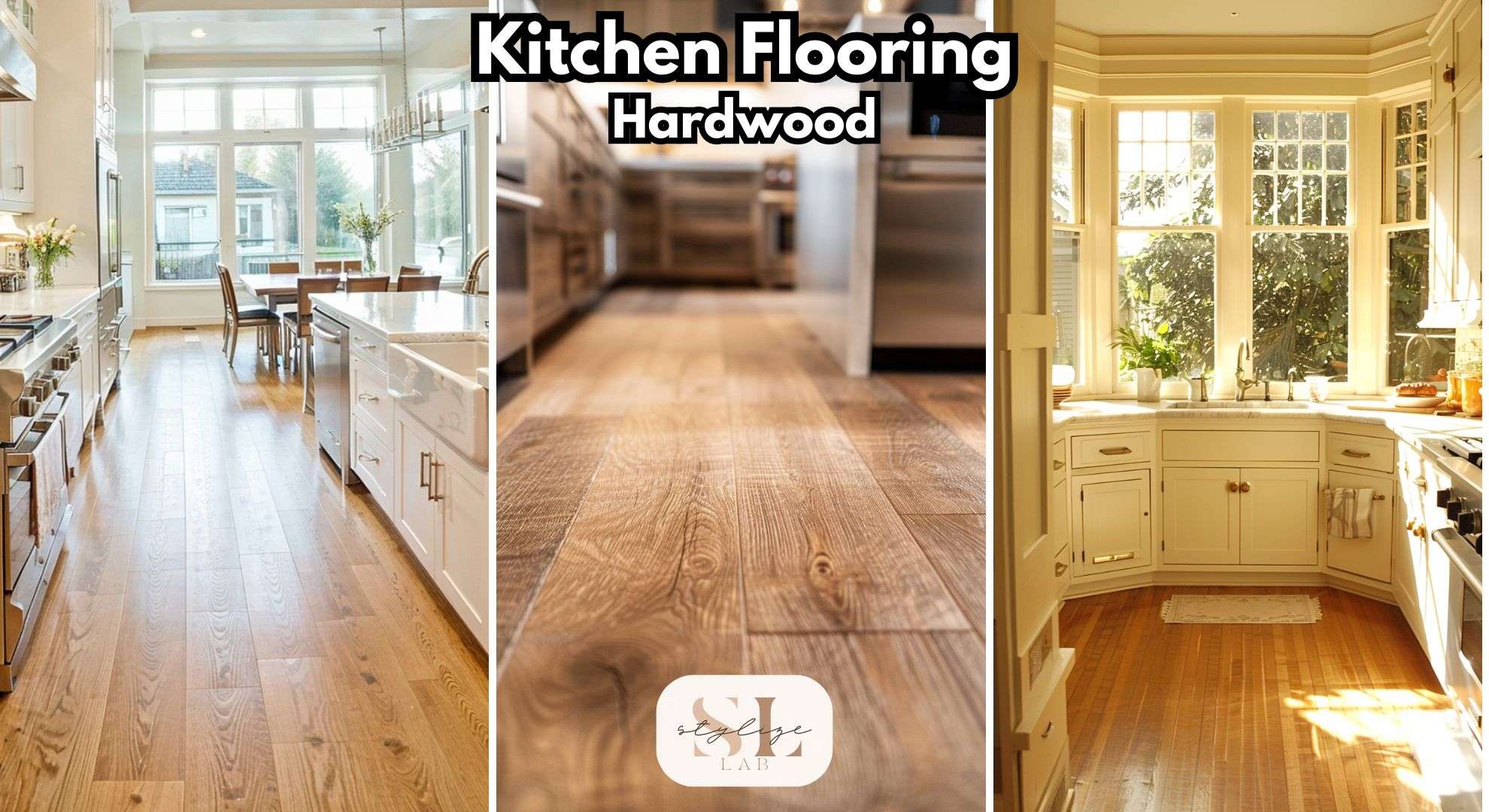 Cozy kitchen with honey-colored hardwood floors, weathered gray oak flooring