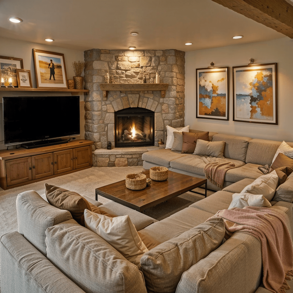 Cozy small space TV fireplace side-by-side rustic living room design