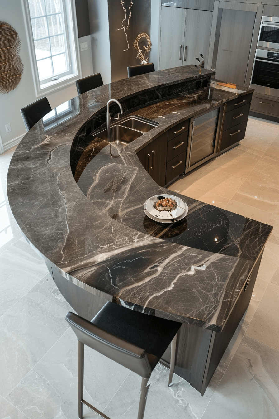 Custom-built kitchen island, aerial view, rounded marble design, modern features, high-quality kitchen appliances, luxurious kitchen design