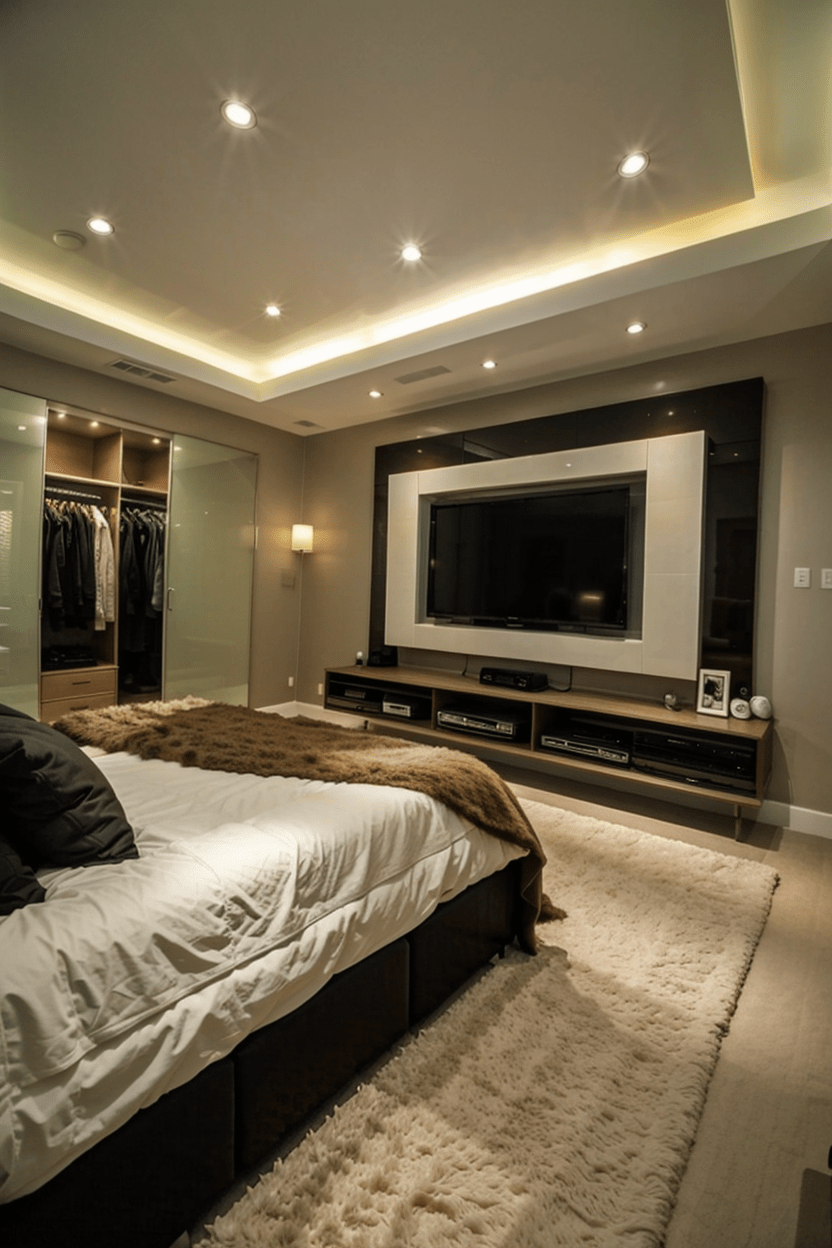 Detailed bedroom TV wall design with modern accessories and decor ideas, optimal viewing height