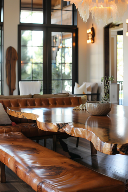 Dining room with live edge table and leather and fabric upholstered benches