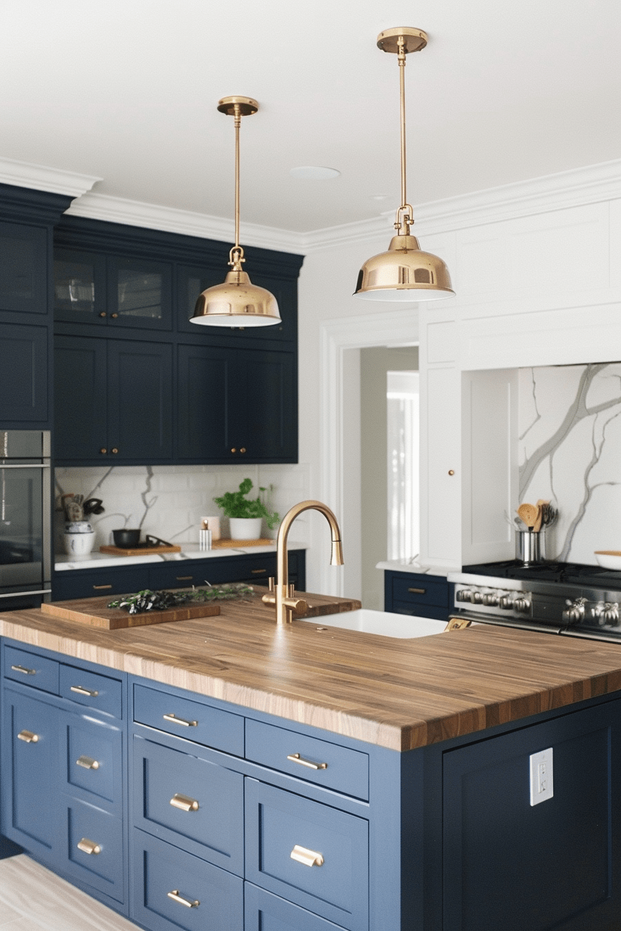 Elegant kitchen with a navy blue island, butcher block countertop, white marble backsplash, and gold accents