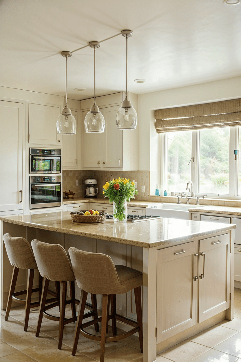 Elegant kitchen with marble kitchen island, glass pendant lights, grey cabinets