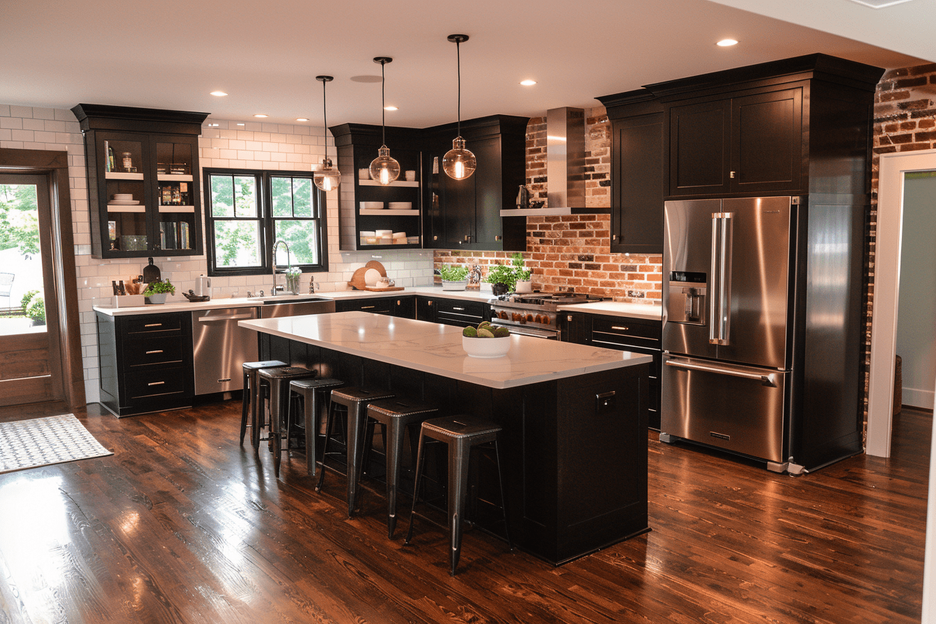 Family-friendly kitchen with black cabinets and exposed brick wall
