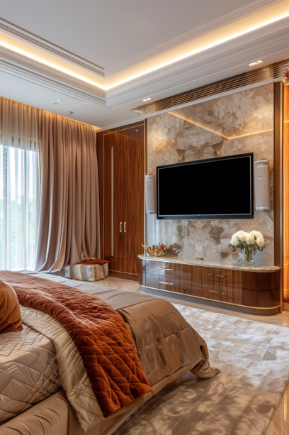 High-angle view of a luxurious bedroom with sleek TV wall design, wood veneer panel, and marble accents