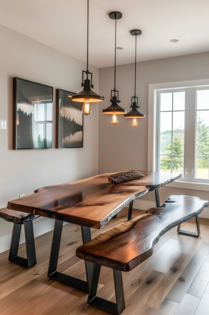 Industrial dining room with live edge table and benches, featuring wood and metal design