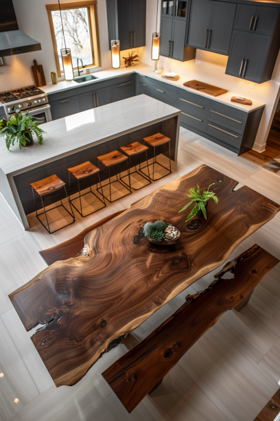 Live Edge Dining Table Aerial View with wood benches in Small Apartment