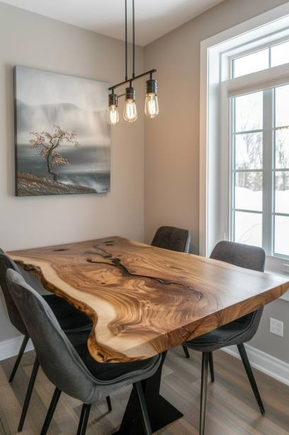 Live Edge Dining Table Against Wall in Cozy Small Room