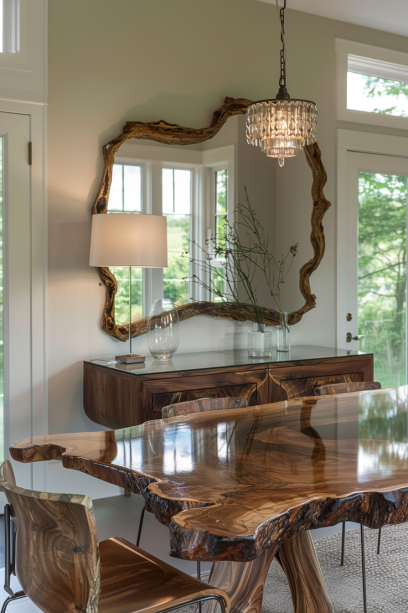 Live Edge Dining Table with Glass-Topped Sideboard in Charming Dining Room