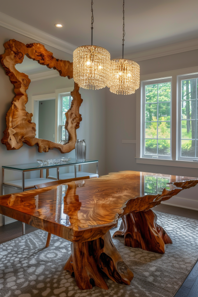 Live Edge Dining Table with Mirror and Glass Sideboard in Snug Dining Room