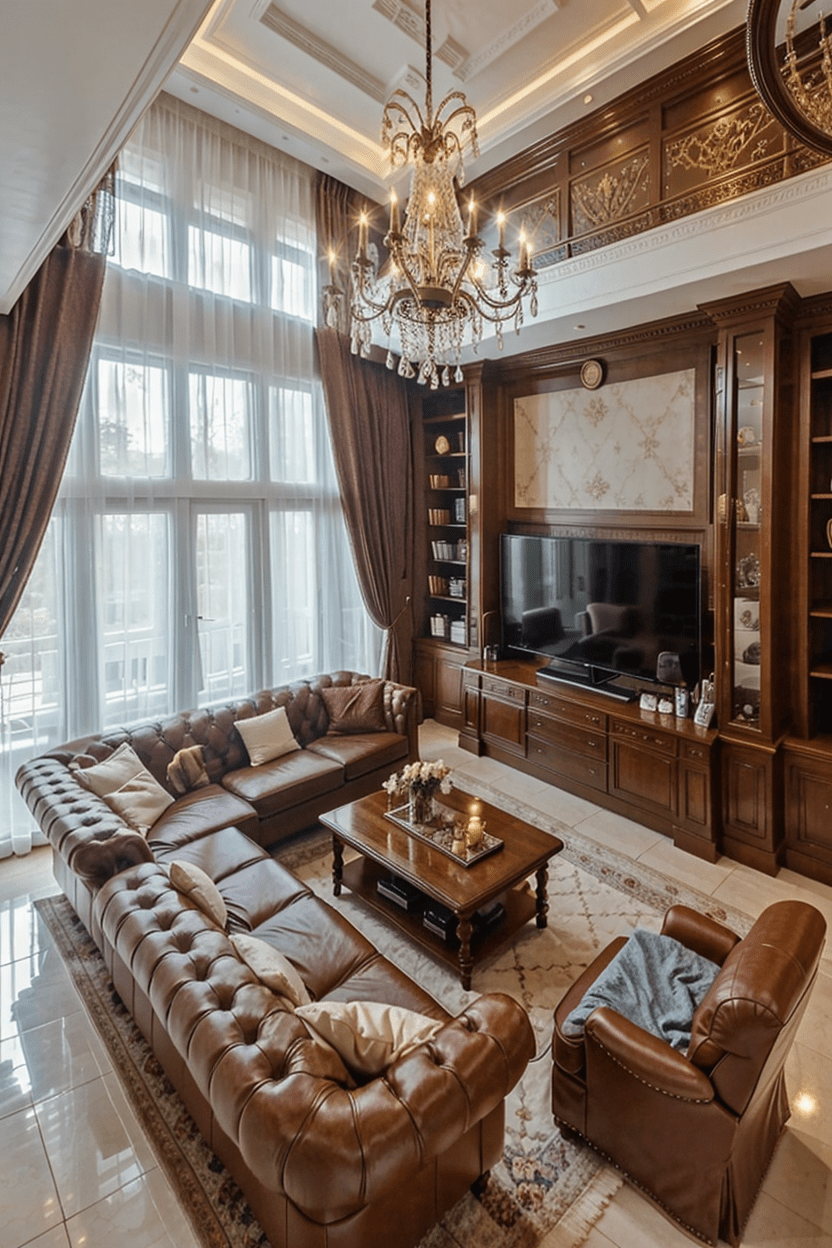 Luxury TV wall design with white marble and walnut wood, leather furniture, aerial view