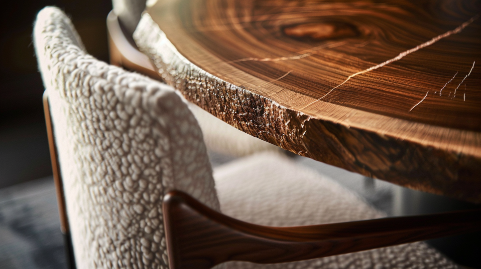 Macro Shot of Live Edge Table and Upholstered Chair Texture