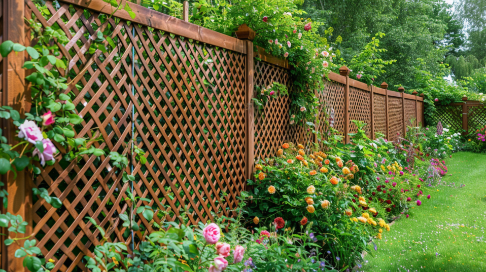 Macro shot of lattice panel fence texture with vines, detailed garden fence DIY