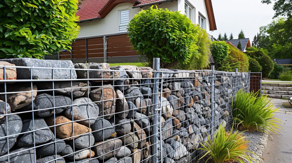 Macro shot of stones within a gabion wall privacy fence, showcasing textures