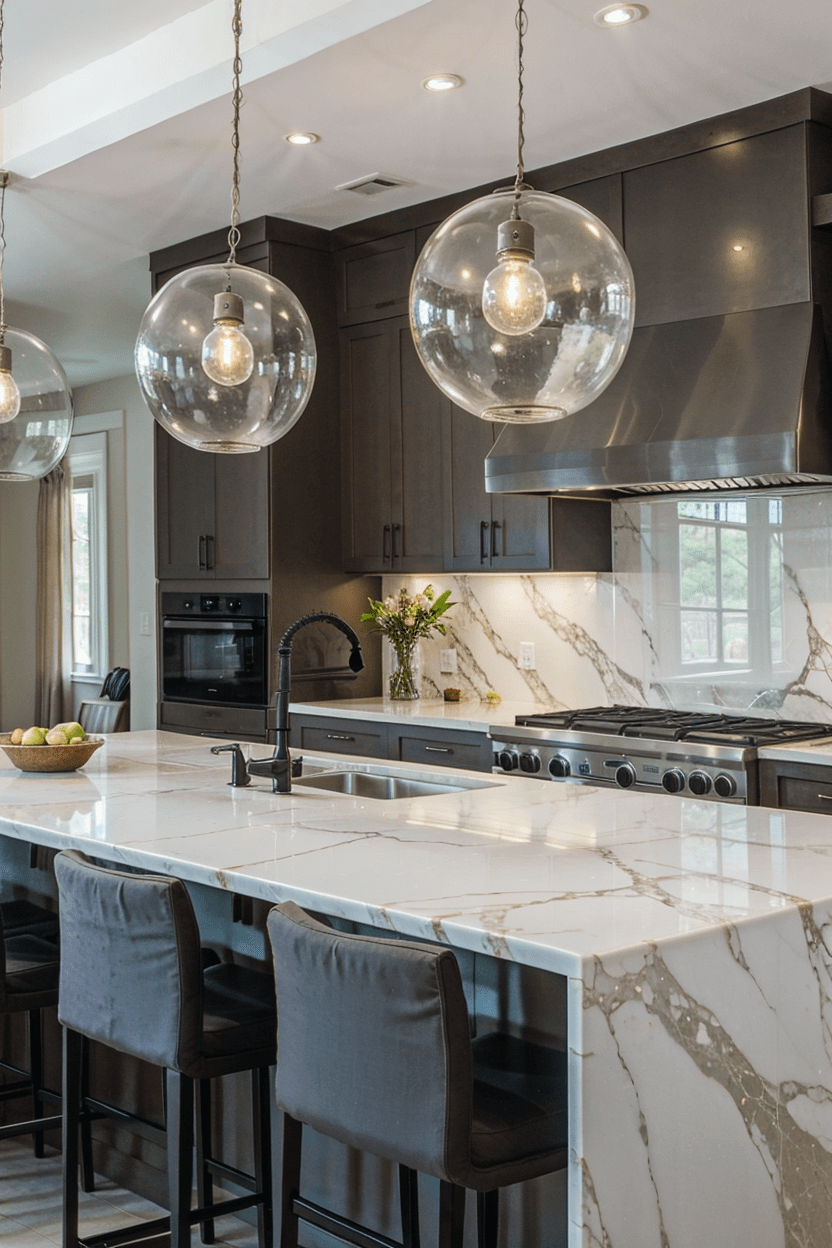 Medium kitchen with granite kitchen island, vintage pendant lights