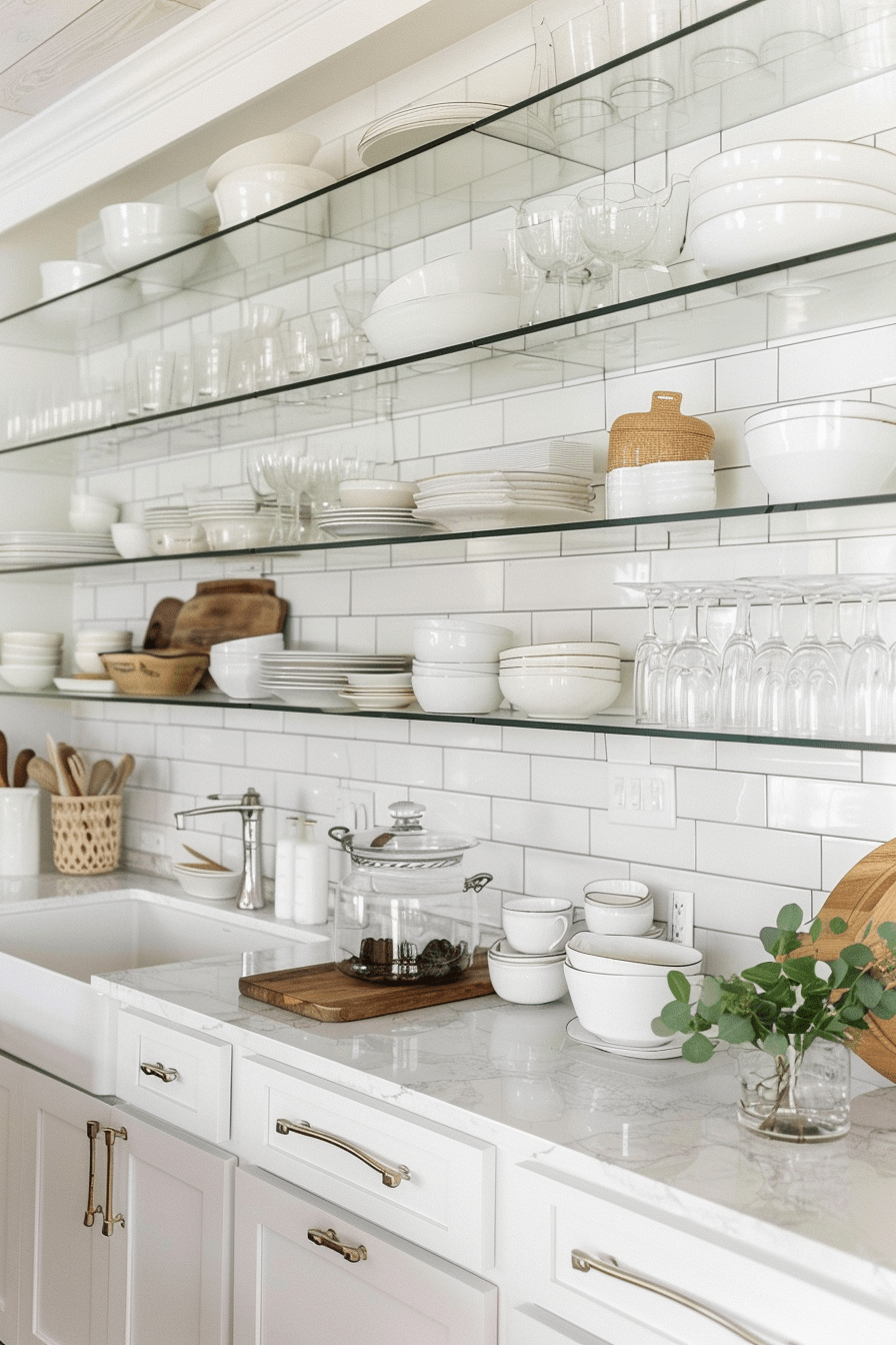 Minimalist white kitchen with glass open shelving and elegant dishware