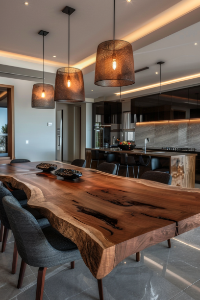 Modern Dining Room with Live Edge Table and Pendant Lighting