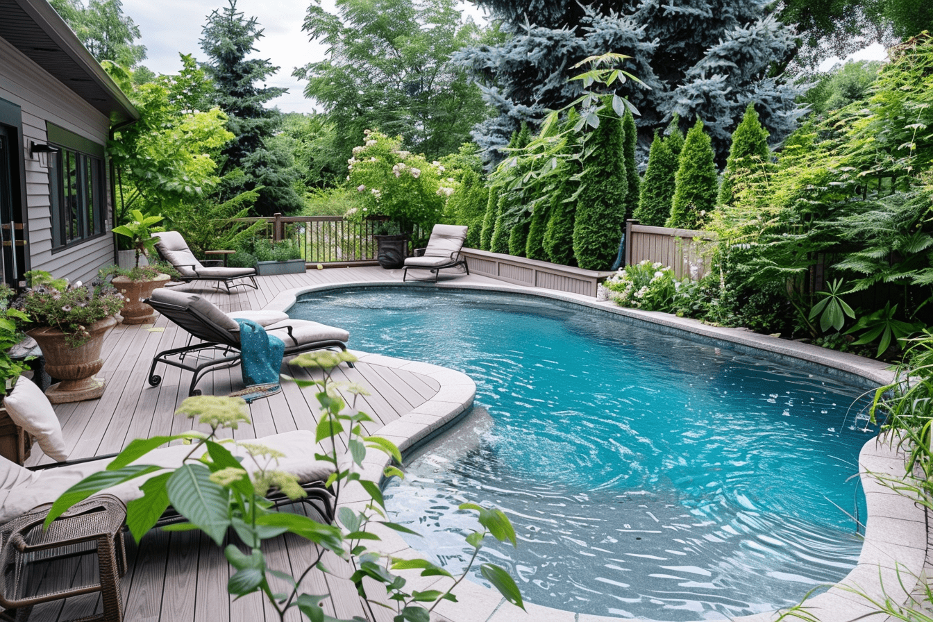 Modern deck design around a small inground pool, featuring built-in benches, teak loungers
