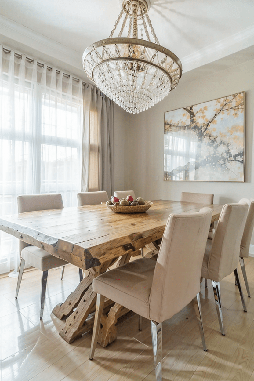 Modern dining room with maple live edge dining table and crystal chandelier
