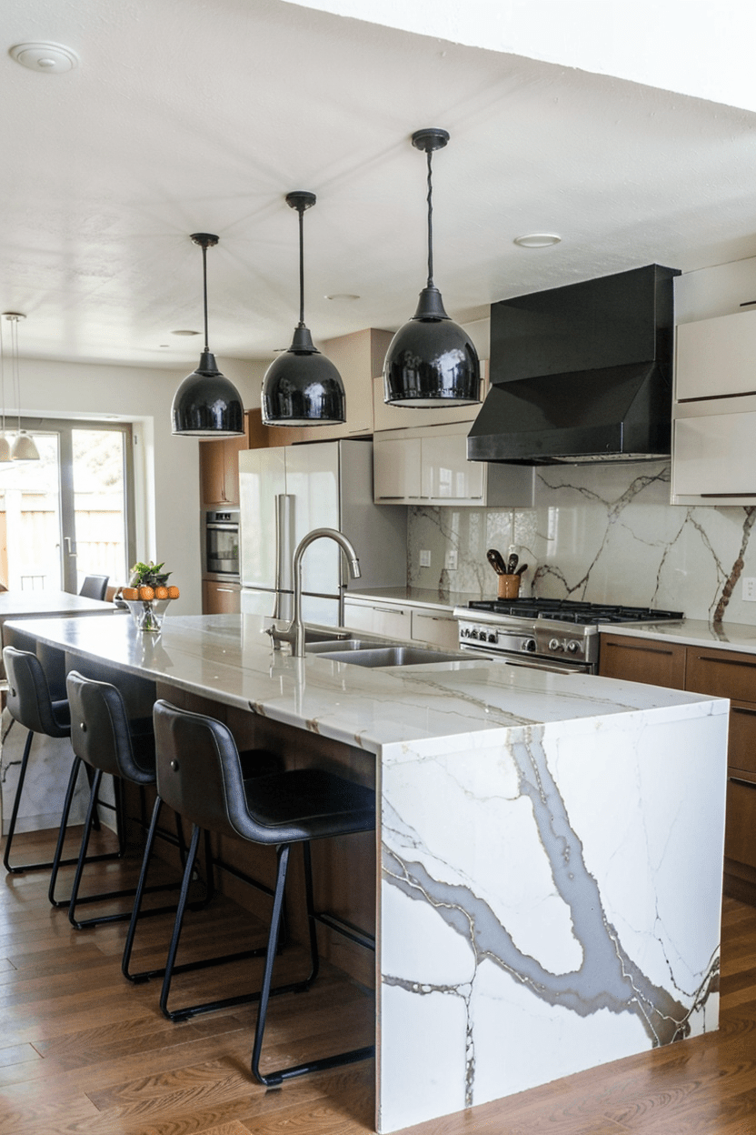 Modern farmhouse kitchen white quartz backsplash navy blue cabinets rustic charm timeless design..