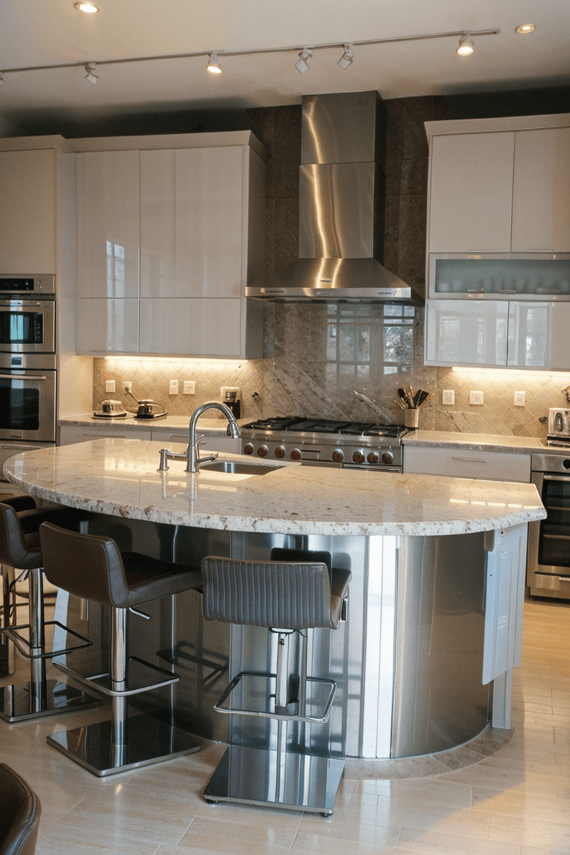 Modern kitchen with a sleek circular island made of polished white marble, featuring bar stools, recessed lighting, and matte black cabinetry