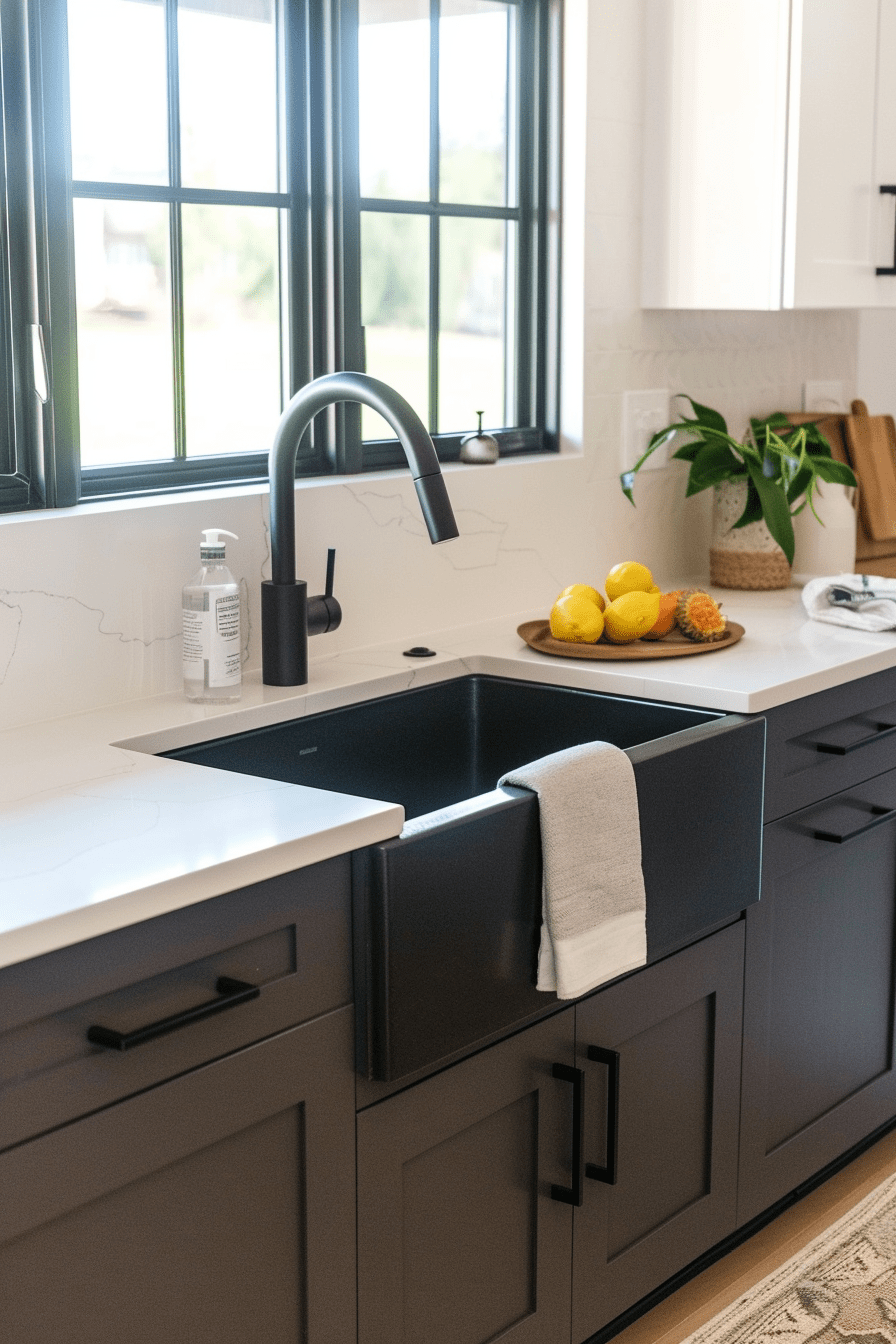 Modern kitchen with black stainless steel farmhouse sink, white quartz countertops, flat-panel cabinets