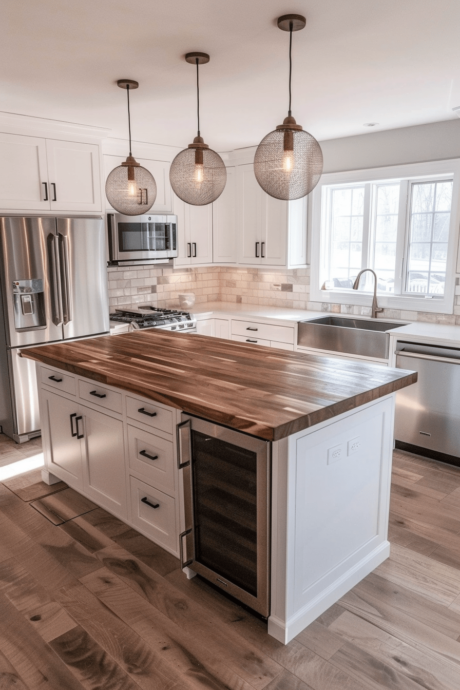 Modern kitchen with butcher block countertops on a central island, white cabinets, stainless steel appliances, and pendant lighting