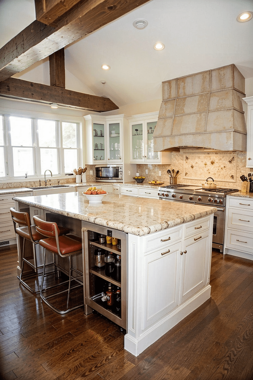 Modern kitchen with marble island featuring built-in wine cooler