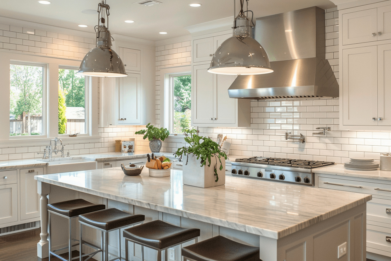 Modern kitchen with white subway tile backsplash, marble countertops, sleek white cabinets, stainless steel appliances, and island with cooktop