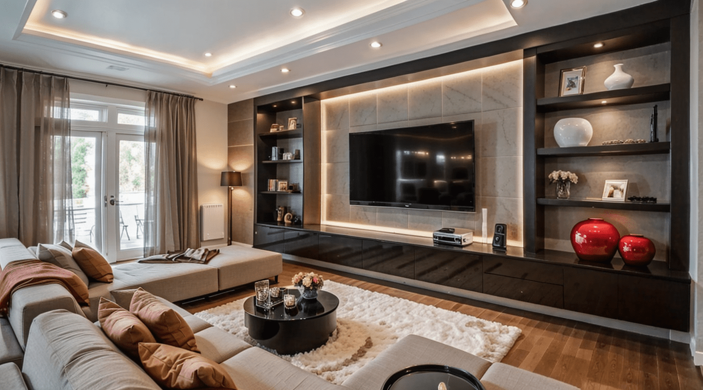 Modern living room with luxury TV wall design, built-in cabinetry, textured panels, and LED lighting