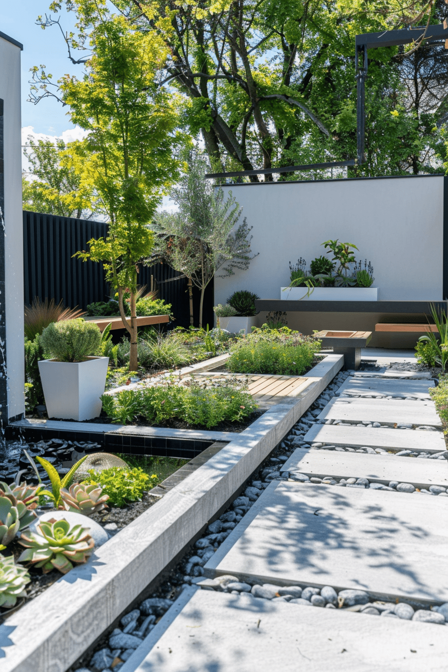 Modern minimalist garden design for small backyard space with sleek lines, neutral tones, and contemporary elements