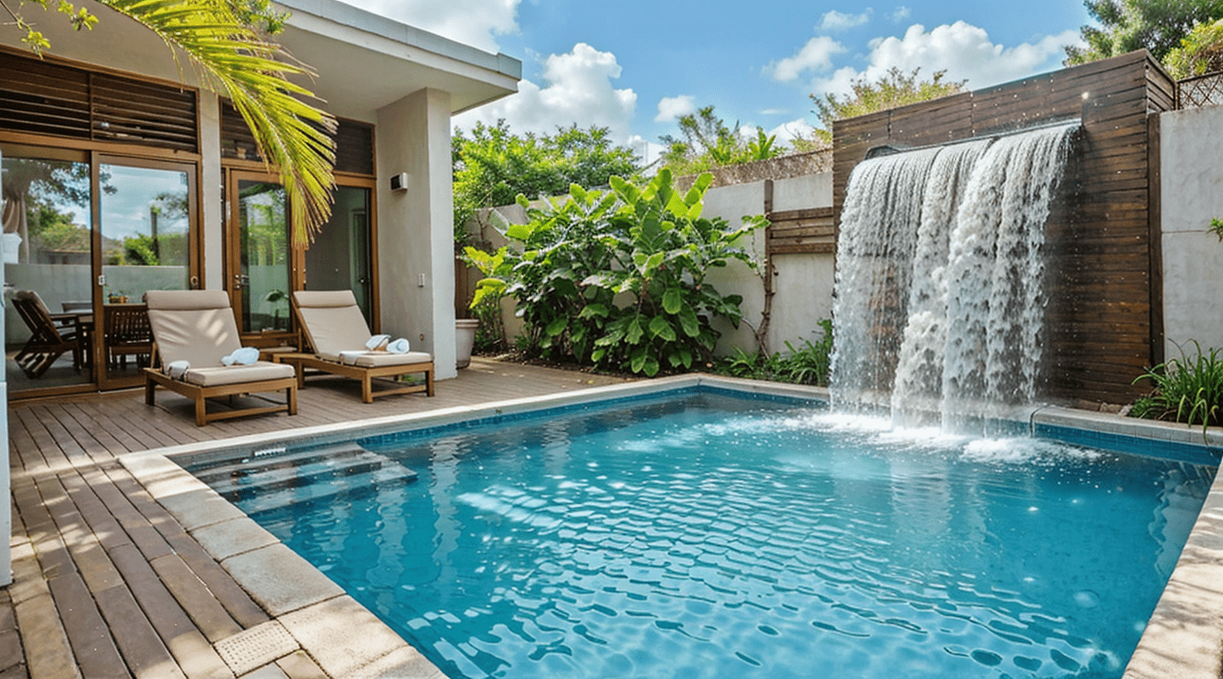 Modern small inground pool with a smooth stone waterfall in a minimalist backyard.