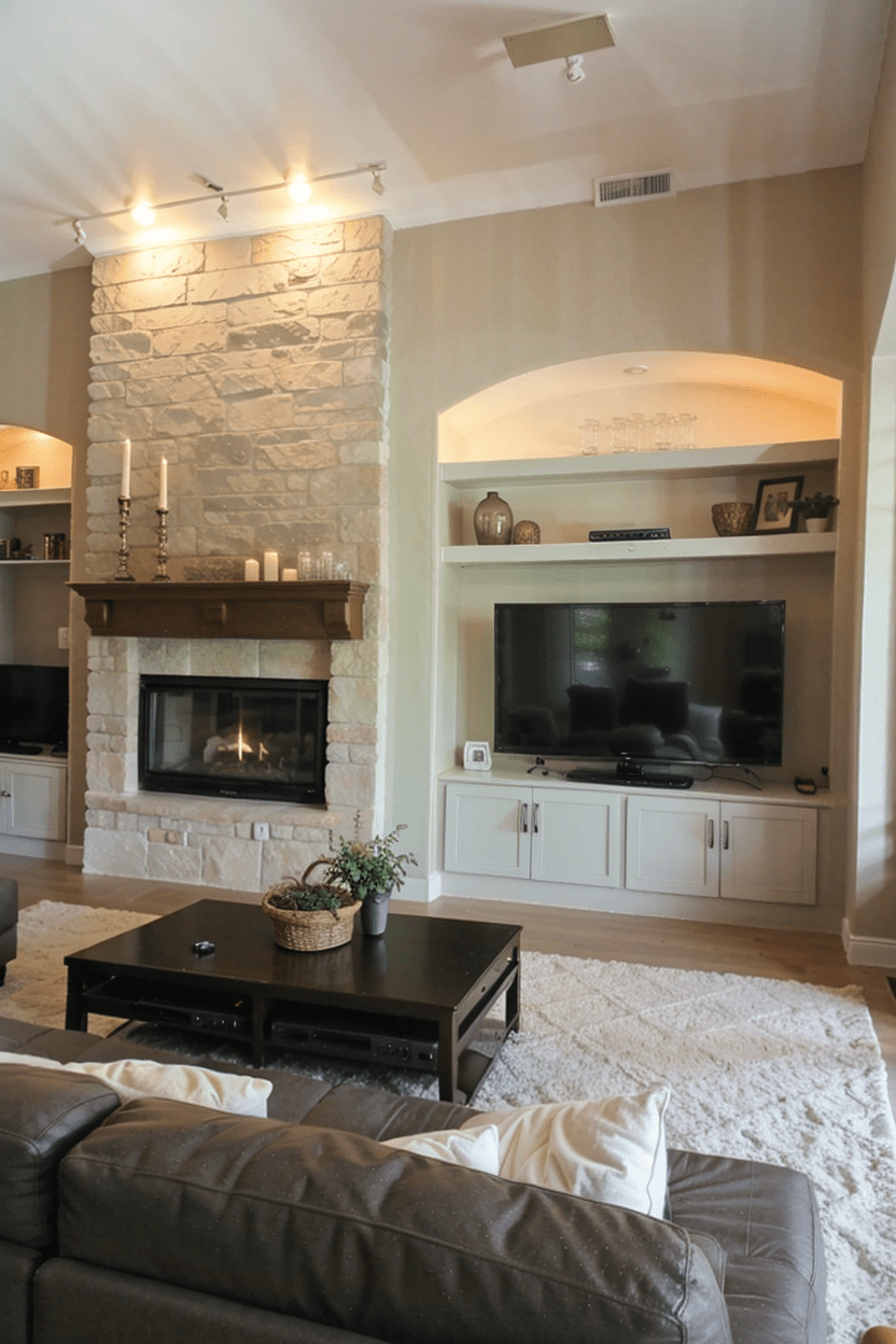 Modern small living room TV wall fireplace beside stone facade minimalist cozy design