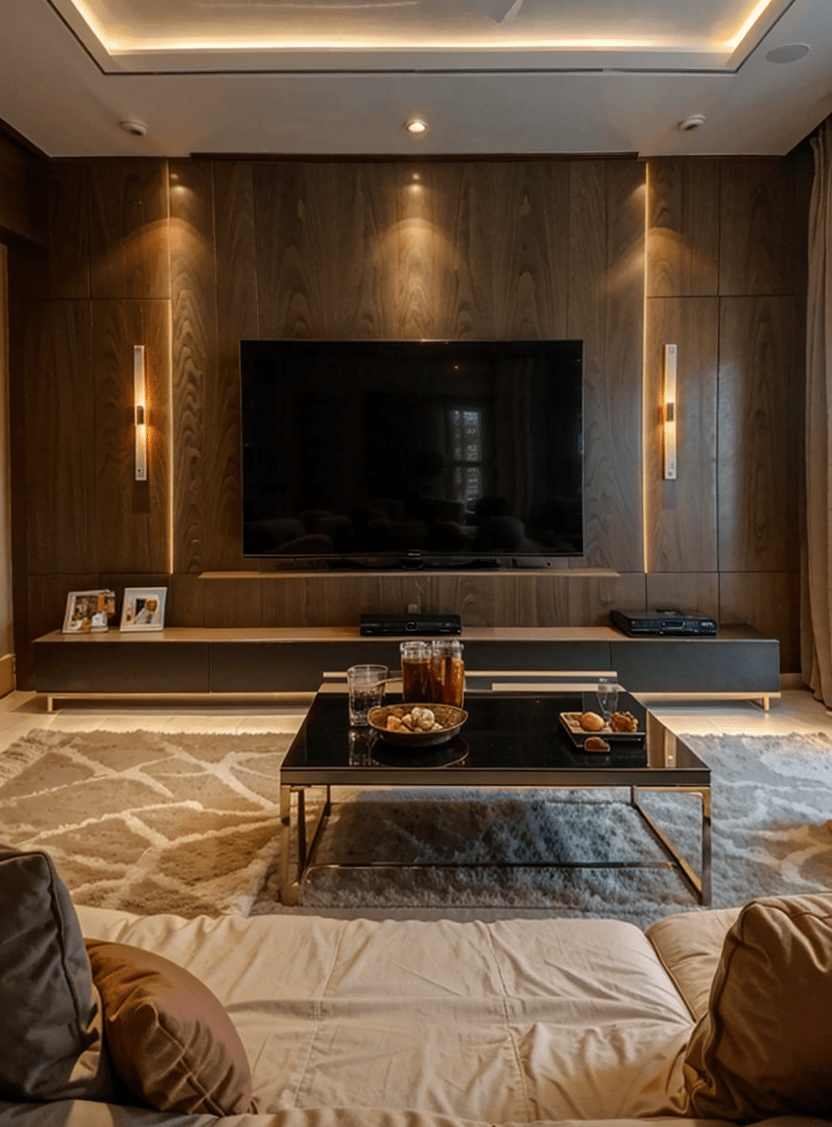 Panoramic View of Modern Luxury Living Room with Expansive Dark Wood TV Wall Design and Gold Accents