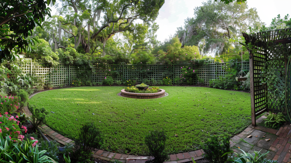 Panoramic garden view with lattice panel privacy fences and climbing plants, DIY garden fence