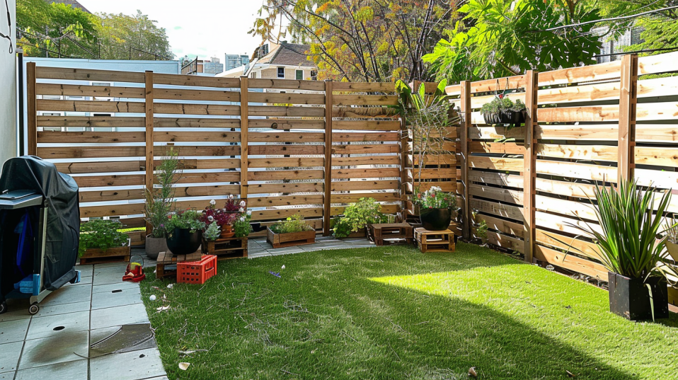 Panoramic view of a backyard enclosed by a pallet privacy fence, featuring a play area, garden, and BBQ setup.
