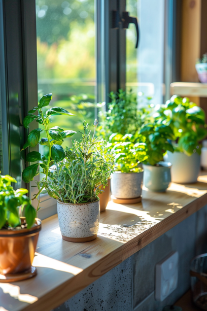 Panoramic view of a compact kitchen windowsill with a variety of herbs like basil, cilantro, and rosemary in small pots