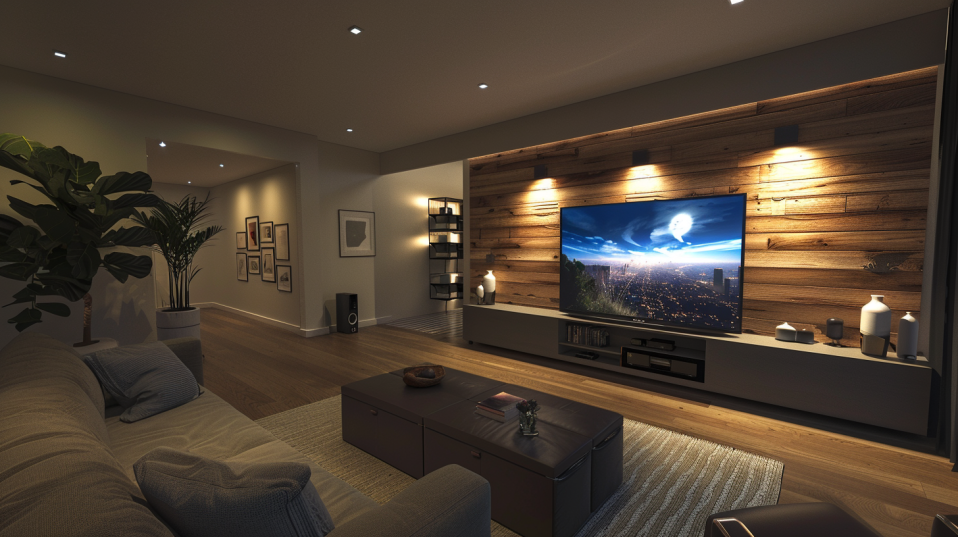 Panoramic view of a modern TV room with an innovative TV wall design decor