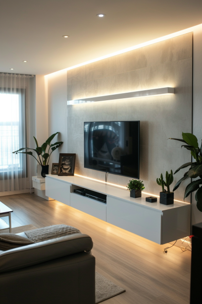 Panoramic view of a modern TV room with an innovative TV wall design