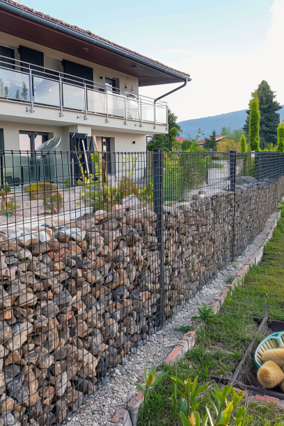 Panoramic view of a villa with a gabion wall privacy fence surrounding the perimeter, highlighting architectural design and landscape..